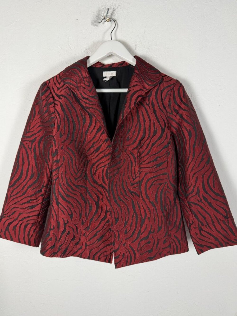 Chico's 1 Women's Red Black Zebra Print Jacquard Open Front Blazer Jacket Lined